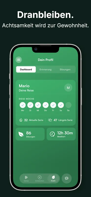 Breathe Dashboard — Streaks, Sitzungen und Meditationsstatistiken