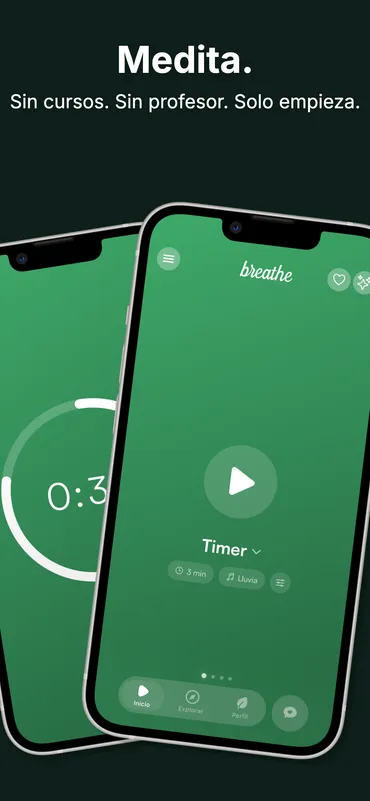 Breathe temporizador de meditación — pantalla principal y sesión activa