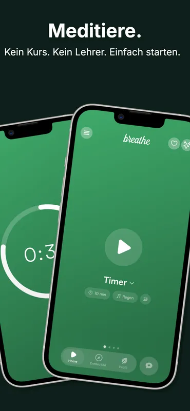 Breathe Meditations-Timer — Home Screen und laufende Meditation