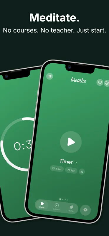 Breathe meditation timer — home screen and active session