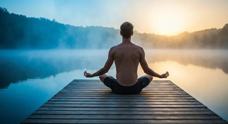 Mann meditiert im Lotussitz auf einem Steg am nebligen See bei Sonnenaufgang
