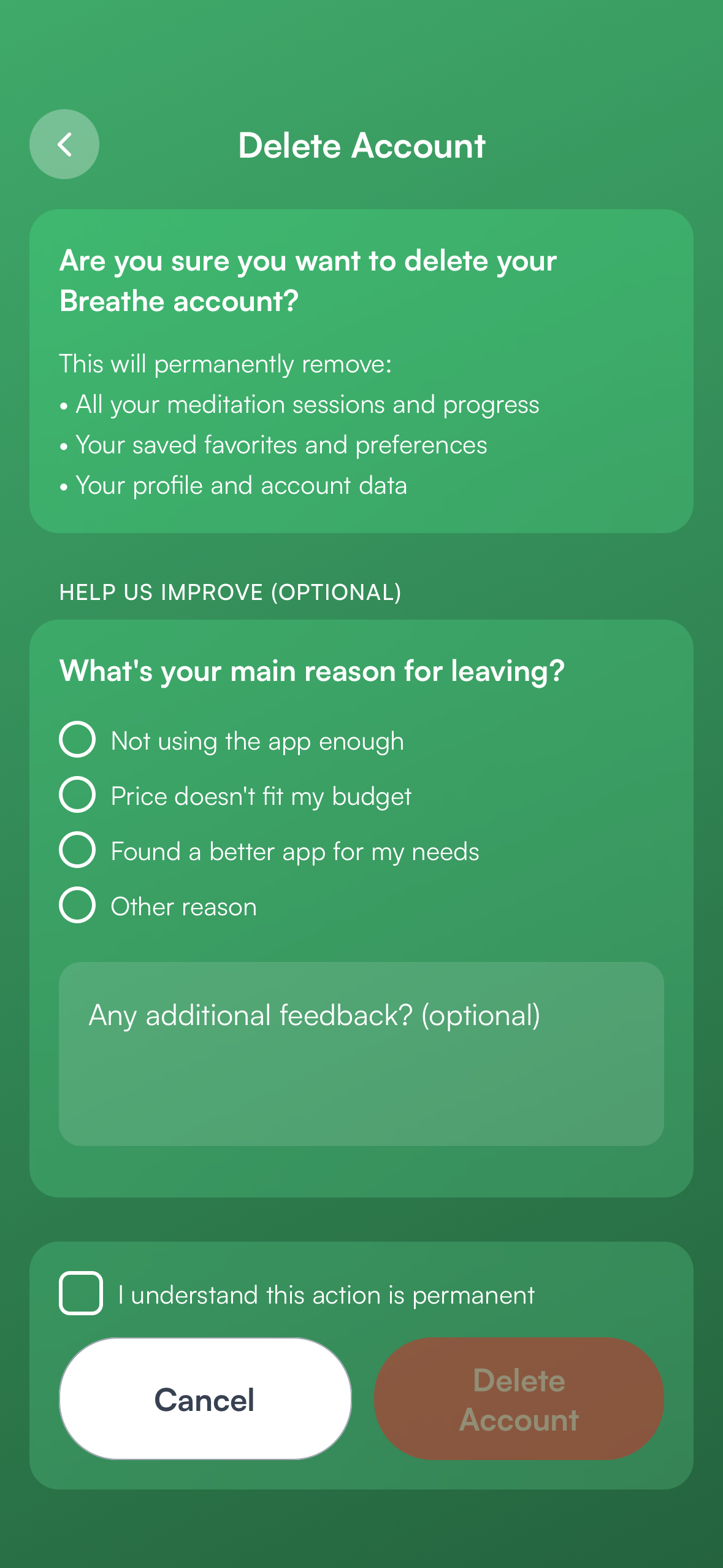 Confirm with "I understand this action is permanent" and tap "Delete Account"
